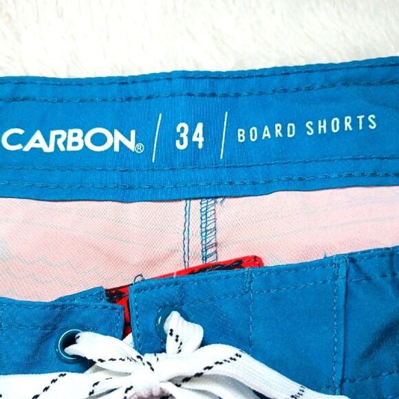 Carbon Men's 34 Tropical Print Board Shorts. Drawstring Tie, Side Pocket Red/Blu - Picture 2 of 9